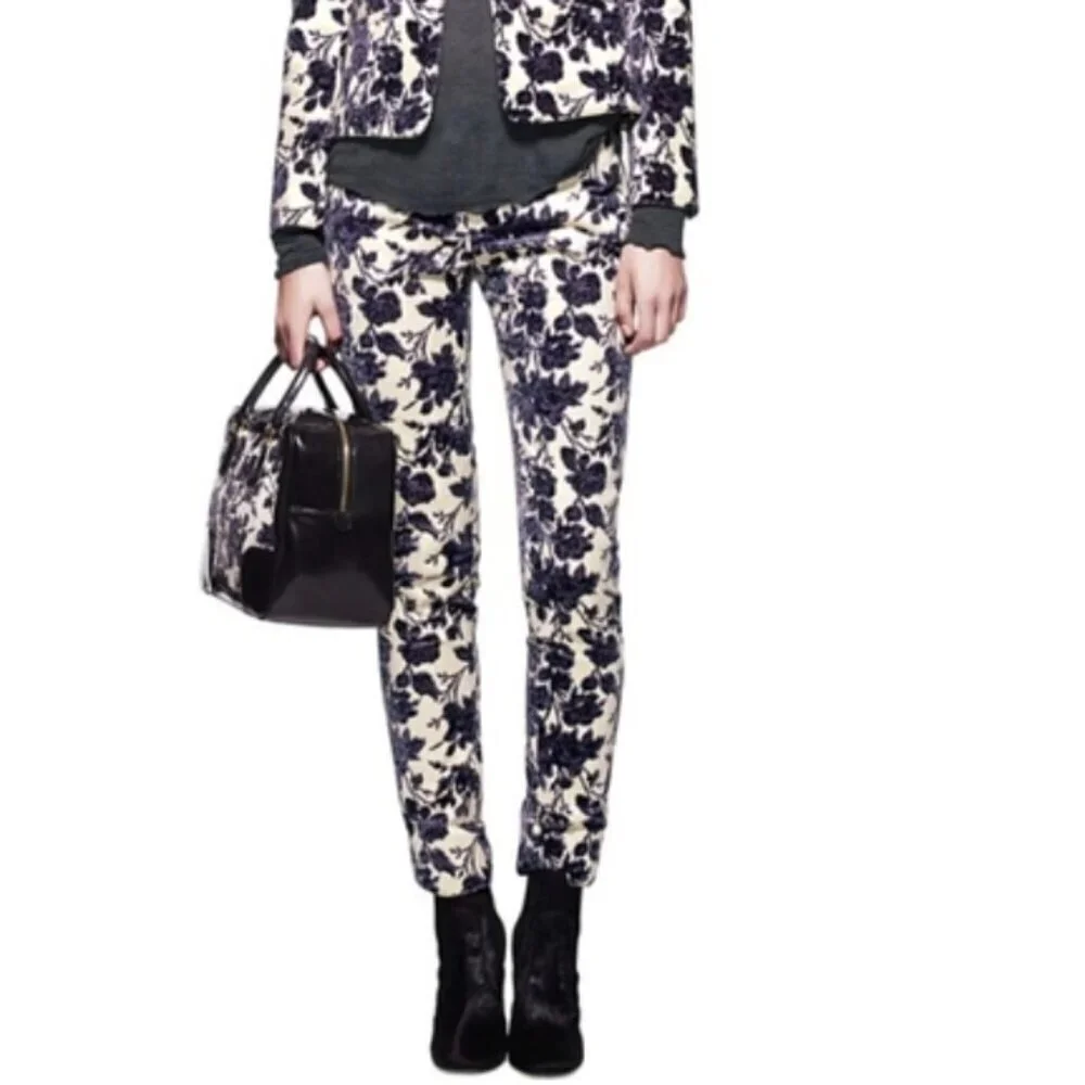 Tory Burch Dayton Floral Velvet Pants Size 8 Ivory Purple Flocked